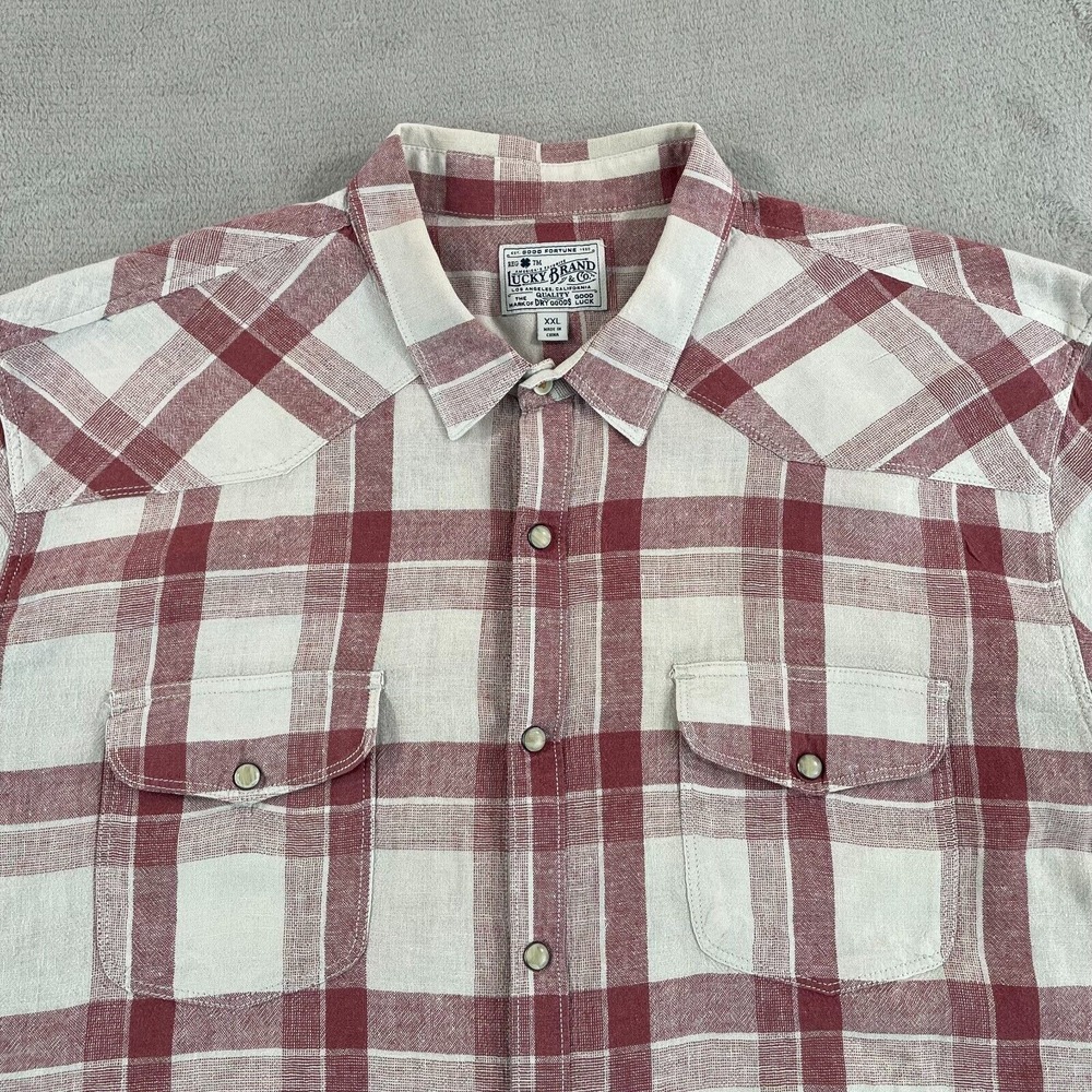 Lucky Brand Shirt Men 2XL Beige Plaid Pearl‎ Snap Western Rodeo Cowboy